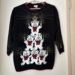 VTG Nutcracker Ugly Christmas Sweater Bear Tree Size 20W Black Metallic